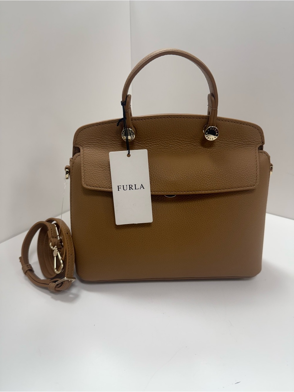 Furla Leather Small My Piper Top Handle Bag in Tan